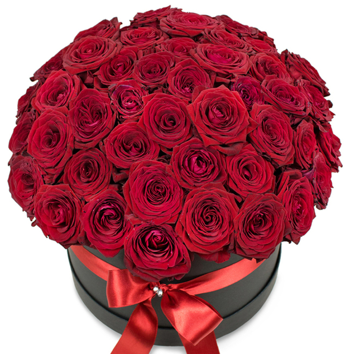 A grand and luxurious arrangement, expertly created by Charlton Florist, showcases the striking beauty of premium, deep red roses, each blossom meticulously chosen for its pristine form and rich colour. Dozens of velvety roses are gathered in a perfect sphere, artfully overflowing from a modern, round black hat box whose matte finish provides a dramatic setting for the vivid intensity of the flowers. The petals form hypnotic whorls-from tightly furled centers to soft, gently unfolding edges-offering a beautiful play of light and shadow across the textured dome. Wrapped around the lower circumference of the box is a wide, glossy satin band of scarlet red, culminating in an impeccably tied bow adorned with a delicate, sparkling ornament that hints at luxury and care. The entire scene is set against a clean, bright white background, allowing the saturated reds and jet-black base to take center stage without distraction. This flamboyant bouquet is designed to be more than just a gift-it is a statement piece, ideal for grand romantic gestures, milestone anniversaries, or opulent celebrations throughout Charlton and nearby Greenwich. There is a sensory impression of freshly cut flowers and a subtle whisper of rose fragrance, reminiscent of local gardens along Charlton Road. The overall effect is at once lavish and deeply personal-a tribute to passion, artistry, and love, capturing the essence of high-end local flower delivery for moments when only the extraordinary will suffice.