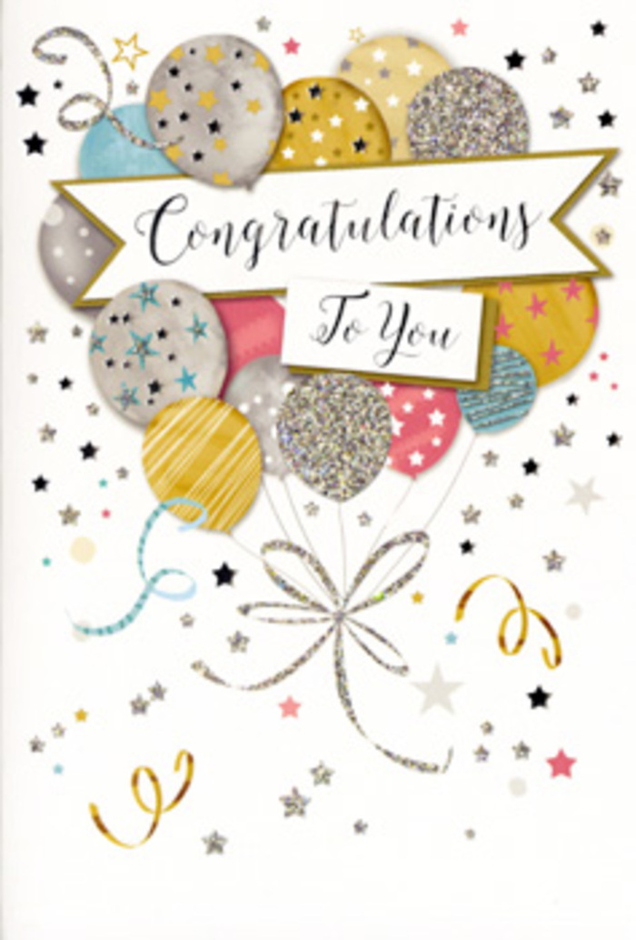 In this elegant congratulations card, the artwork captures the spirit of a celebration without a single word spoken aloud. A bouquet of illustrated balloons fills the centre, arranged much like a carefully composed floral display ready to leave a Charlton Florist van for same-day delivery. The balloons vary in size and placement, layered to give a soft sense of depth, with the front shapes in warm gold and champagne tones and the ones behind in cool silver, sky blue, and blush pink. Each surface is adorned with subtle patterns: some with thin vertical stripes, others scattered with tiny stars or brushed with glittery accents that suggest a light-catching, almost tactile shimmer. Fine golden and silvery ribbons dangle and loop from the base of the cluster, curving across the card like the loose ends of a hand-tied bow. A crisp, pale background allows the colours to glow, gently sprinkled with tiny metallic stars, confetti dots, and swirling streamers that curl like party ribbons drifting through the air around Charlton's homes and cafés. A flowing banner sweeps across the middle, framed by the balloons, and bears a classic congratulations message in ornate, curling script that feels timeless and heartfelt. The card's overall mood is refined yet joyful-sparkling without being overly bright, celebratory without feeling loud. As a local florist accustomed to matching cards to bouquets for graduations, promotions, and exam successes in and around Charlton Park and the surrounding streets, this image feels like a visual echo of those proud, luminous moments when someone's hard work is finally recognised.