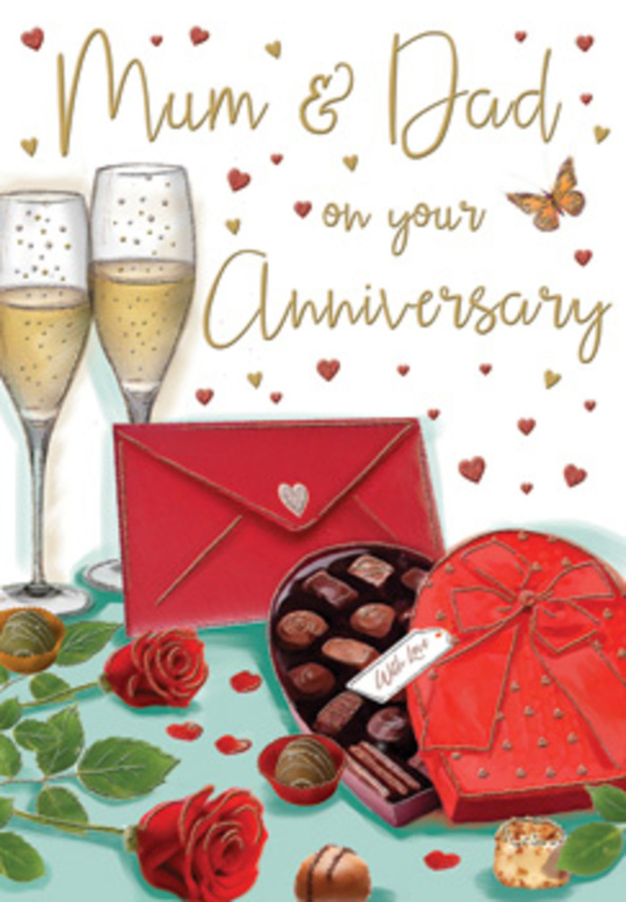The illustrated anniversary card is arranged like a romantic table setting prepared for beloved parents or partners in a snug Charlton home, capturing the essence of shared milestones and family appreciation. In the centre, two elegant champagne glasses rise in unison, their tall, slender forms reflecting soft ambient light. Each glass holds a pale golden champagne, with fine bubbles suspended mid-rise, frozen at that tender moment just before a toast is made. In front of the flutes, a heart-shaped chocolate box commands attention with its deep red colour and sumptuous satin bow, tied generously and falling in soft, graceful folds. The box is open, revealing an inviting selection of chocolates arranged with care, their smooth surfaces and delicate decorations promising rich, sweet flavours best enjoyed together. Nearby, two richly coloured red roses rest on the table, their petals plush and full, edged with a slight curl that suggests perfect freshness, much like the roses selected by Charlton Florist for local anniversary deliveries around Maryon Park and the surrounding streets. Green leaves frame the blooms, adding texture and a natural contrast to the deep reds. Scattered chocolate pieces, some slightly tilted, give the impression of a quiet moment of indulgence late in the evening. Across the warm-toned background, tiny golden and crimson hearts drift softly, guiding the eye towards a tender Mum & Dad message written in flowing script. A vivid scarlet envelope, sealed with a small heart emblem, rests at the edge of the scene, hinting at an intimate, handwritten message tucked inside. The overall atmosphere feels like a gentle glow after dusk in Charlton, evoking gratitude, lasting romance, and the comfort of celebrating another year surrounded by those who matter most.