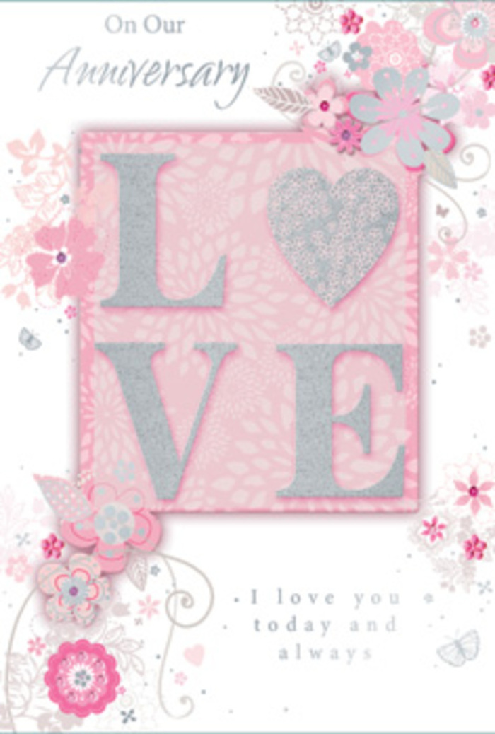 An intimate, romantic anniversary card lies open, its design unfolding like a gentle story of shared days in Charlton. Across the front, the central motif is the word LOVE, printed in tall, slender letters and coated in an elegant layer of frosted glitter. The sparkle is refined rather than loud, reminiscent of sunlight glancing off a shop window on Charlton Church Lane. The letters rise slightly from the surface, giving a softly embossed feel that would reward a slow, appreciative touch, just as one might linger over each bloom in a hand-tied bouquet. Around this central word, wispy, hand-drawn flowers and airy sprays of foliage drift along the borders, their petals tinted in pink, lilac, blush, and creamy ivory. The blooms look like stylised versions of roses and small wildflowers, with each petal shaded delicately, as if sketched by an experienced florist visualising a new anniversary design. Between the flowers, fine flourishes and filigree-like lines swirl, forming graceful loops that recall the movement of ribbons in a bouquet from a local Charlton florist. Tiny, almost-hidden butterflies and soft curls of foliage nestle along the edges, adding a hint of playful romance, like spotting unexpected blossoms along the paths near Charlton Park. In the centre or just beneath the main motif, the message I love you today and always appears in a gentle, understated typeface, its curves harmonising with the flowing florals. The overall composition feels sunlit and calm, suggesting a warm, everyday love that deepens over years of shared cups of tea and quiet evenings at home, enhanced by the subtle pastel palette and delicate artistry.
