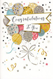 This congratulations card presents a charming scene of festivity, as if a pocket-sized celebration has been gently sketched and dusted with stardust. At its heart floats a loose bouquet of balloons, softly rounded and arranged in overlapping layers that give a feeling of buoyant depth. The colours are gracefully coordinated-muted gold, antique silver, warm champagne, airy sky blue, and tender blush pink-each balloon decorated with dainty stripes, delicate star motifs, or scattered glitter-like spangles that suggest a subtle, twinkling shine. Slender ribbons in metallic gold and silver stream down from the cluster, looping and curling in elegant lines reminiscent of gift-wrap ties or the trailing stems in a hand-tied bouquet prepared for delivery to a Charlton doorstep. The background is a calm, pale tone, gently animated by specks of confetti, tiny stars, and swirled lines that mimic the carefree energy of a party in full swing, perhaps after good news shared over coffee near Charlton station. A beautifully curved banner stretches across the centre, nestled among the balloons, and carries a refined congratulations message in graceful calligraphy that feels sincere, warm, and slightly formal. The overall impression is one of quiet yet unmistakable joy, like the glow that lingers after receiving wonderful news. As a florist used to helping local customers celebrate promotions, exam results, and special achievements, this image feels perfectly matched to those proud occasions when you want your card and flowers to say, with gentle sparkle and style, just how delighted you truly are.