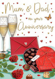 This anniversary card design paints a romantic scene that could easily be imagined on a dining table in Charlton after a special family meal, honouring the enduring love of Mum and Dad or a long-standing couple. At the heart of the illustration stand two tall champagne flutes, perfectly aligned as if about to be lifted together. The glasses are filled with shimmering golden champagne, tiny beads of bubbles floating upwards and catching a soft, warm light that suggests an intimate evening celebration. In the foreground, an open heart-shaped box of chocolates, clad in deep red, sits proudly on the table. A lavish satin bow in matching crimson crowns the lid, its generous loops and trailing ends giving a soft, tactile richness. Inside the box, an assortment of glossy truffles and chocolates rest in neat rows, each nestled in its own little cradle, with a few stray pieces dotted around the table as though already shared. To one side, two red roses lie gracefully, their petals lush and velvety, layered in tight spirals that speak of professional florist care and fresh selection like those arranged for local Charlton anniversaries and celebrations near the Thames. Green leaves provide a vivid contrast, adding a touch of natural elegance. Scattered across the background, small golden and red hearts float among a hand-lettered Mum & Dad sentiment, giving the whole scene a playful yet reverent tone. A bright scarlet envelope rests nearby, sealed and slightly angled, hinting at a personal, handwritten note filled with love and appreciation. The overall mood feels cosy and heartfelt, like a quiet, cherished evening at home after a stroll past Charlton House gardens, celebrating years of shared memories and gentle, enduring affection.